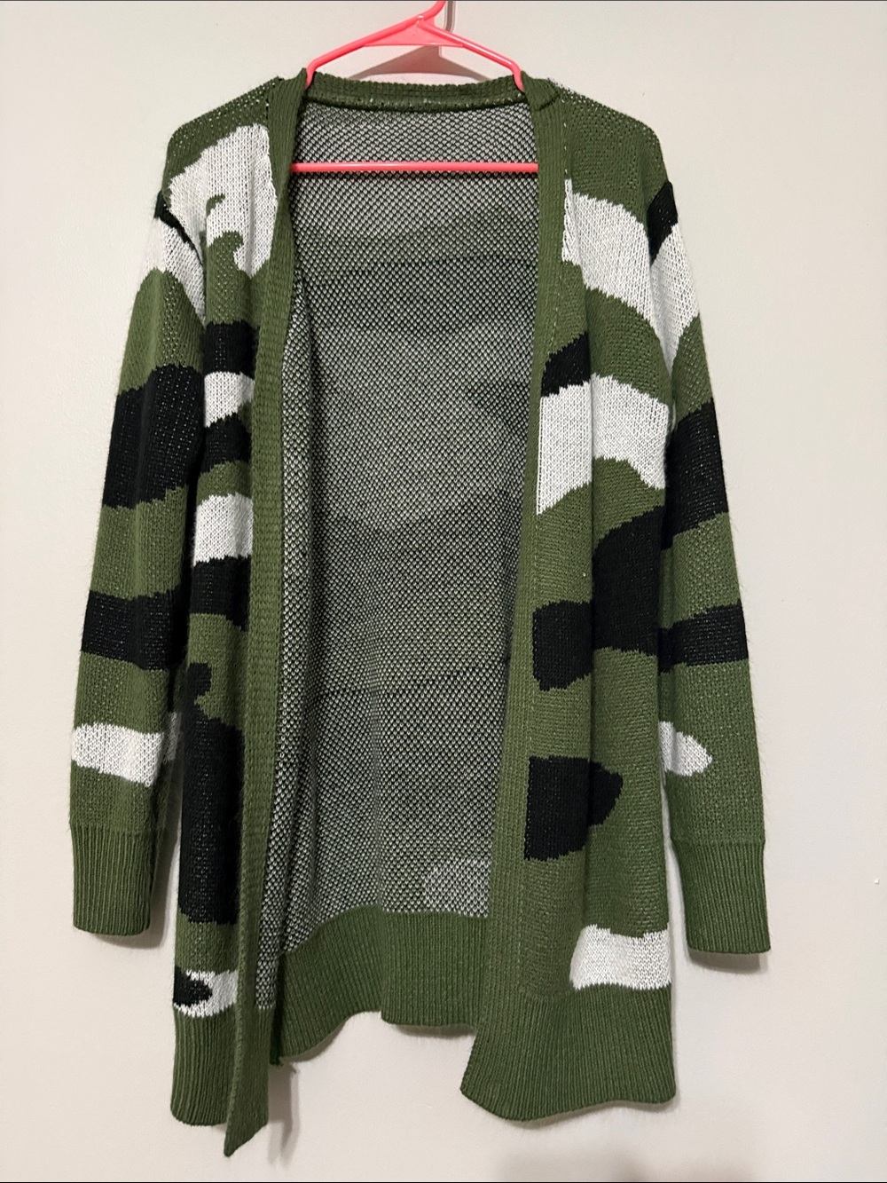 Open-Front Olive Green Camo Knit Cardigan Sweater